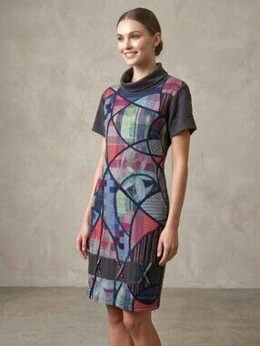 Smash! Barcelona Boho Artsy Geometric Knit Short Sleeve Midi Tunic Dress Large
